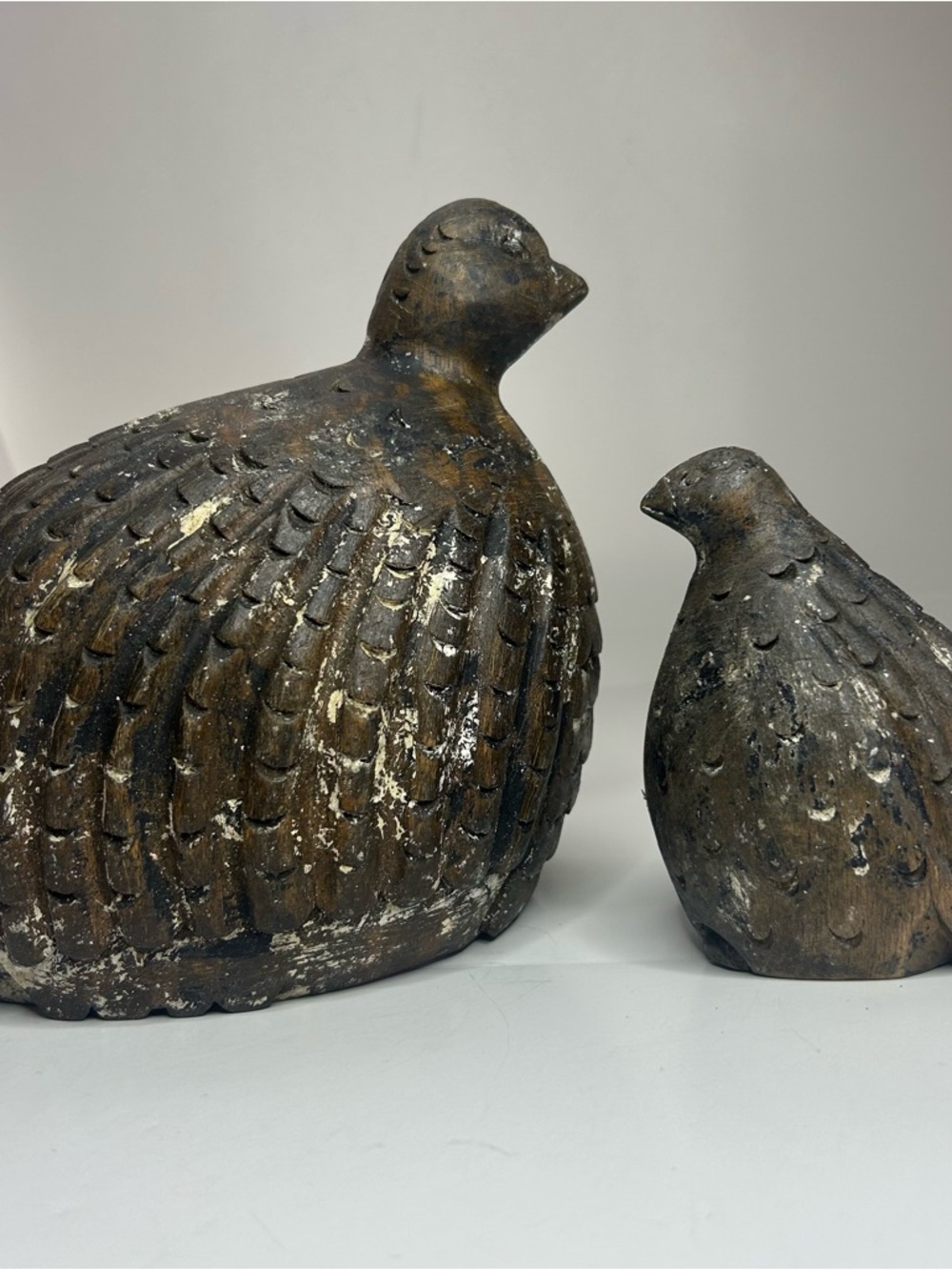 VTG Hand Carved Wooden Quail Partridge Bird Pair Rustic Folk Art Heavy Hollowed